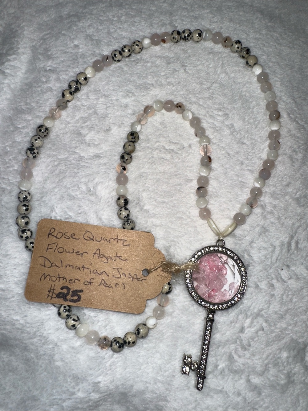 Pink Roses And Pearl Stretch Necklace (Rose Quartz, MOP, Flower Agate) - Picture 2 of 6